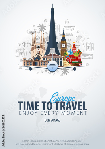 Travel to Europe. Time to Travel. Banner with airplane and hand-draw doodles on the background. Vector Illustration.
