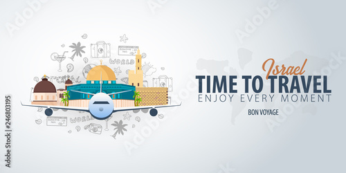 Travel to Israel. Time to Travel. Banner with airplane and hand-draw doodles on the background. Vector Illustration.