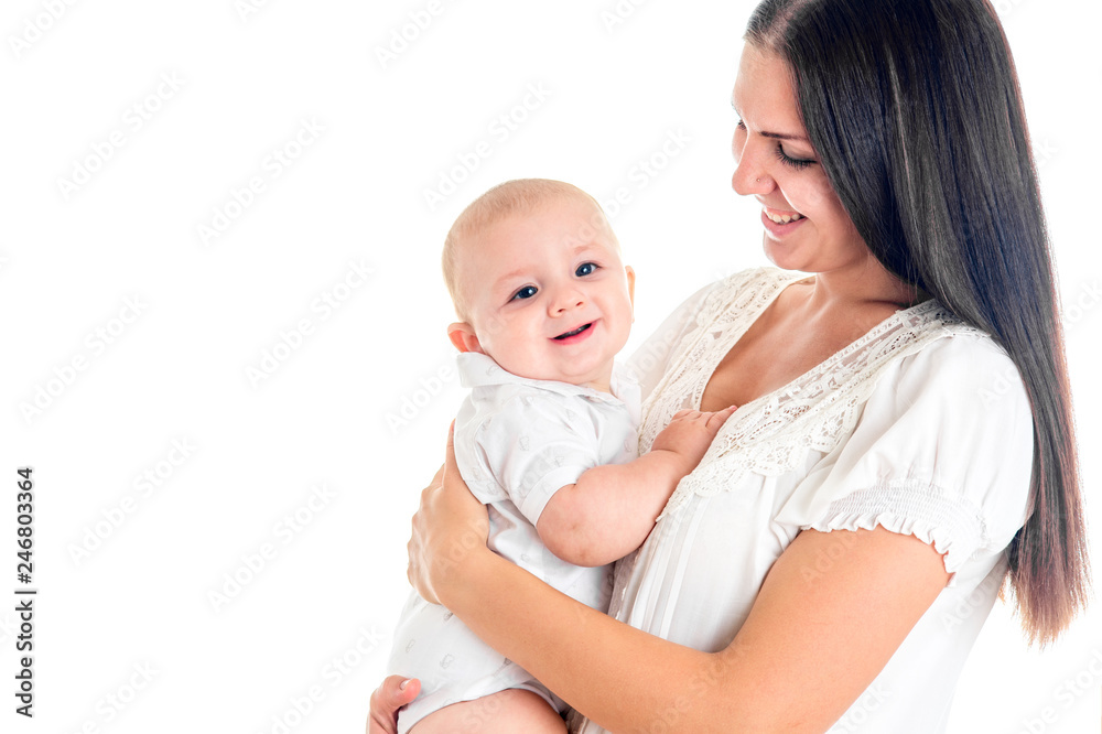 Close up portrait of beautiful young mother with her newborn baby smiling in her hands. Healthcare and medical love lifestyle mother's day concept Close up portrait of beautiful young mother with her newborn baby smiling in her hands. Healthcare and medical love lifestyle mother's day concept