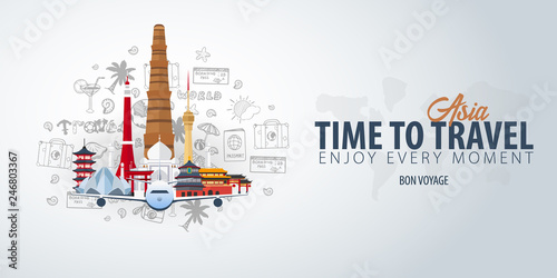 Travel to Asia. Time to Travel. Banner with airplane and hand-draw doodles on the background. Vector Illustration.