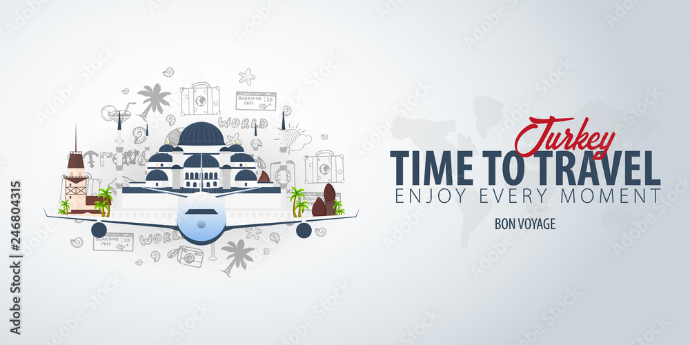 Travel to Turkey. Time to Travel. Banner with airplane and hand-draw doodles on the background. Vector Illustration.