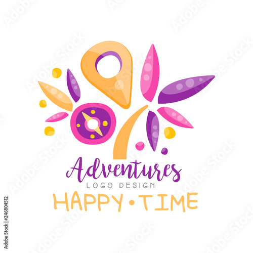 Adventures, happy time, logo design, summer vacation, travel, tourist agency creative label vector Illustration