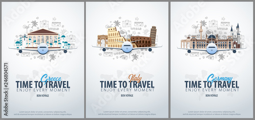Travel to Greece, Italy and Germany. Time to Travel. Banner with airplane and hand-draw doodles on the background. Vector Illustration.