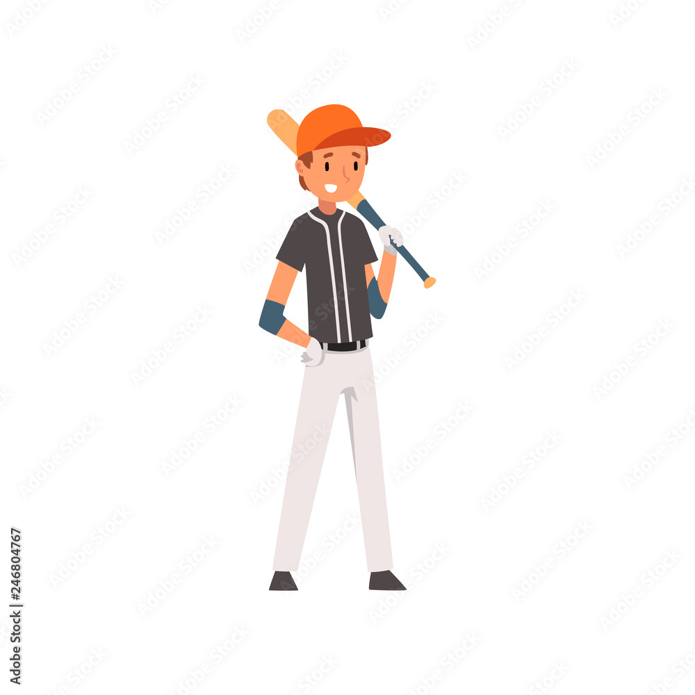 Baseball Player with Bat on His Shoulder, Softball Athlete Character in Uniform Vector Illustration