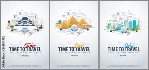 Travel to Turkey, Egypt and Dubai. Time to Travel. Banner with airplane and hand-draw doodles on the background. Vector Illustration.