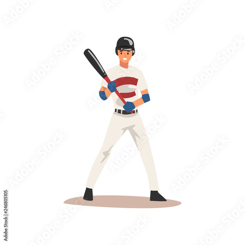 Baseball Player Standing with Bat, Softball Athlete Character in Uniform, Front View Vector Illustration