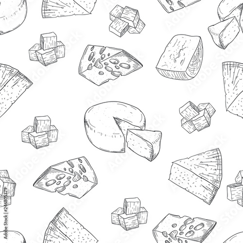 Cheese pattern hand drawing on white background. Hand drawing cheese pattern doodle style. Fresh dairy and milk food. Healthy nutrition and diet. Organic milk butter. Food background.
