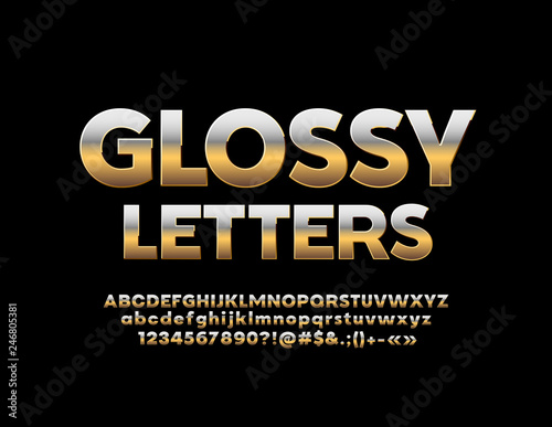Vector Glossy Gold Font. Luxury Alphabet Letters, Numbers and Symbols.
