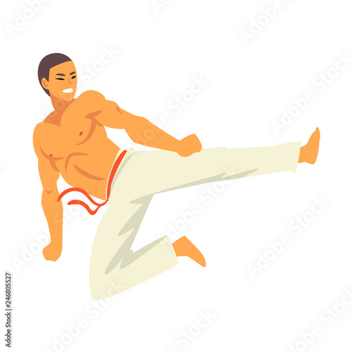 Smiling Man Standing on His Knee, Capoeira Dancer Character Practicing Movement, Brazilian National Martial Art Vector Illustration