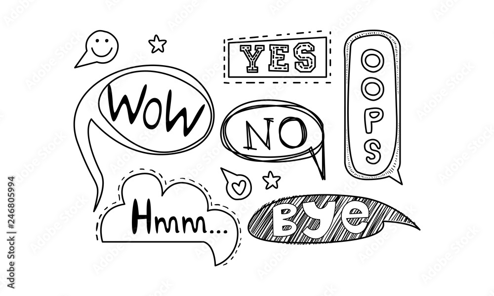 Fototapeta premium Vector set of hand drawn speech bubbles with text. Dialog clouds with short messages - Yes, No, Ooops, Bye