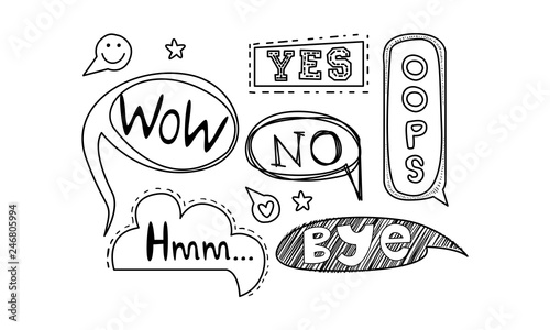 Vector set of hand drawn speech bubbles with text. Dialog clouds with short messages - Yes, No, Ooops, Bye