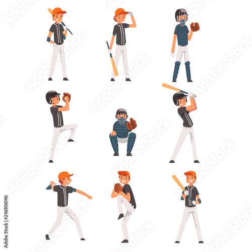 Baseball Players set, Softball Athletes Characters in Uniform, Team Game Sports Vector Illustration