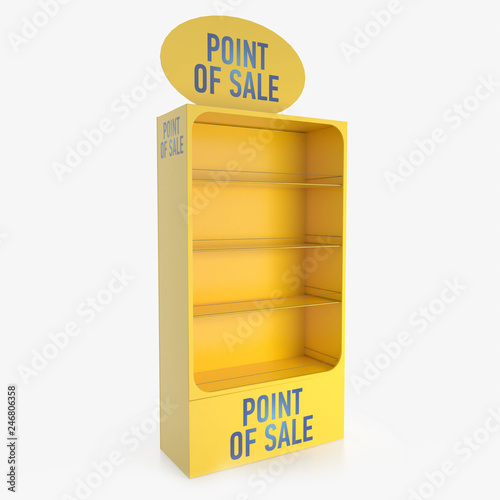 Empty store shelves. Retail shelf rack. Showcase display. Mockup template ready for design. 3d rendering.