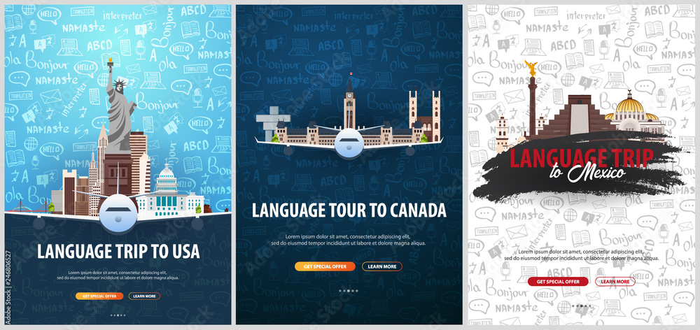 Language trip, tour, travel to USA, Canada, Mexico. Learning Languages. Vector illustration with hand-draw doodle elements on the background.