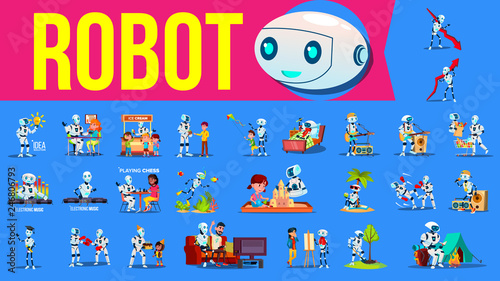 Robot Helper Set Vector. Future Lifestyle Situations. Working, Communicating Together. Cyborg, AI Futuristic Humanoid Character. Artificial Intelligence. Web Design. Robotic Technology Illustration