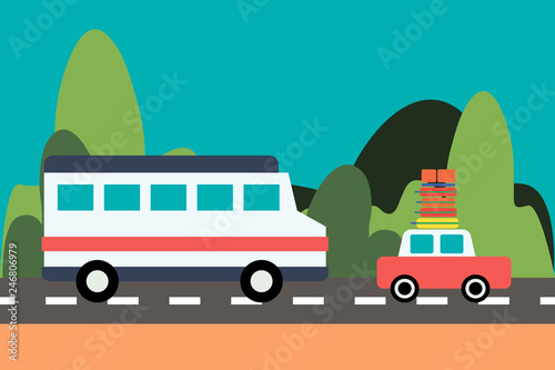 Bus and car drive on the road on nature background
