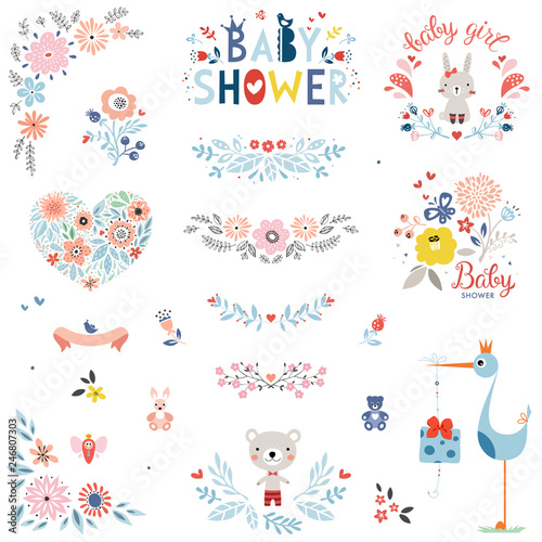 Baby Shower design elements and items. Vector set.