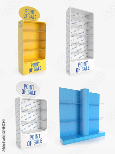 Empty store shelves. Retail shelf rack. Showcase display. Mockup template ready for design. 3d rendering.