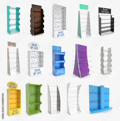 Empty store shelves. Retail shelf rack. Showcase display. Mockup template ready for design. 3d rendering.