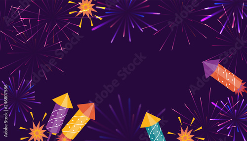 Wallpaper Mural Brightly colorful Fireworks and rockets on purple background. Good for banners, flyers, greetings cards. Torontodigital.ca