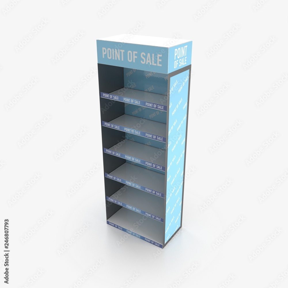 Empty store shelves. Retail shelf rack. Showcase display. Mockup template ready for design. 3d rendering. Empty store shelves. Retail shelf rack. Showcase display. Mockup template ready for design. 3d rendering.