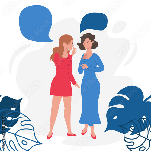 Two girl friends gossiping, flat vector illustration.