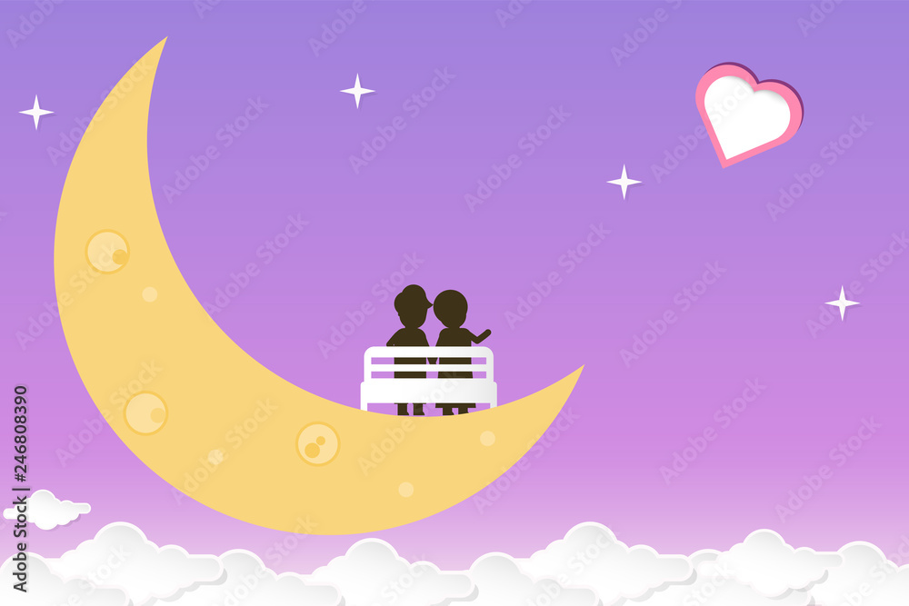 Naklejka premium Vector valentines day pink purple background in paper cut. Couple seat in the chair at the yellow moon kissing and pointing on heart shape. Couple lovers scenery
