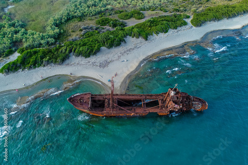 aerial view of Shipwreck Dimitrios (formerly called Klintholm) in Gythio Peloponnese, in Greece