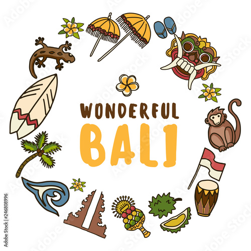 Wallpaper Mural Bali vector icons set. Illustrated travel collection. Balinese traditional Temple, Barong mask, monkey, surf board, gecko, cacoa palm tree, Indonesian flag, frangipani flowers, wave, durian. Torontodigital.ca