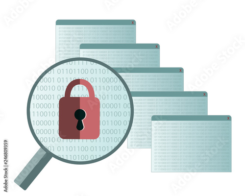 vector of data protection concept created magnifying glass with lock file open