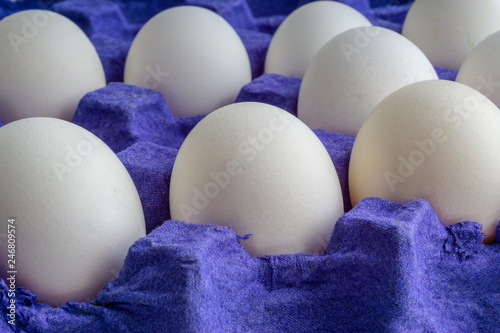 White eggs closeup in egg tray with selective focus and crop fragment