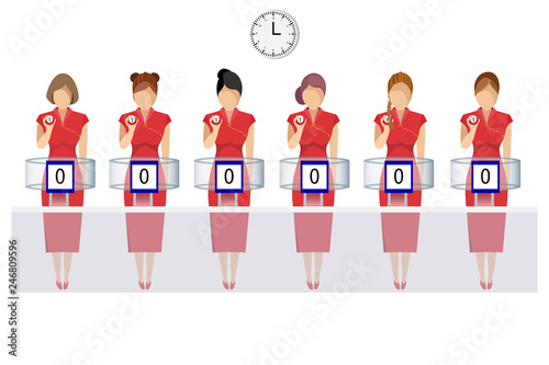 vector of thai government lottery office with women staff in traditional cheongsam dresses showing number in red ball