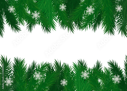 Pine tree branches evergreen spruce with snowflakes decoration vector frame. Banner for text, twigs with needles, fir branchlet with ice ornaments natural