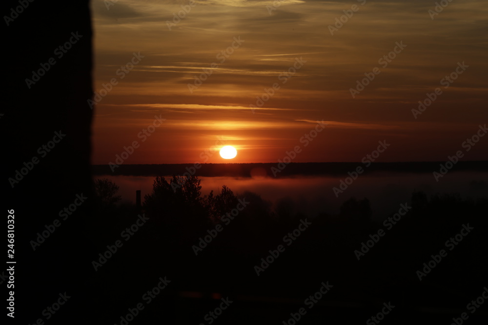 Red sunrise on fog background. Sun over the forest