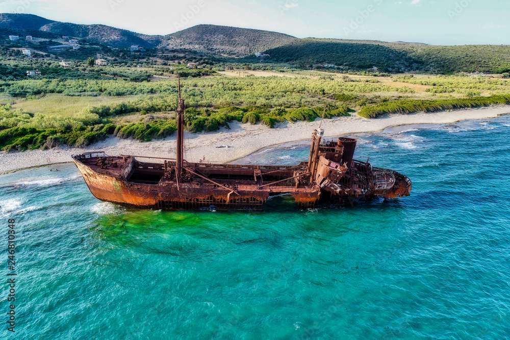 aerial view of Shipwreck Dimitrios (formerly called Klintholm) in Gythio Peloponnese, in Greece aerial view of Shipwreck Dimitrios (formerly called Klintholm) in Gythio Peloponnese, in Greece