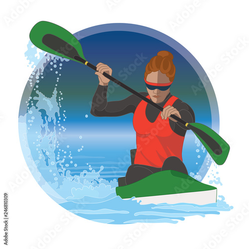 kayaking female paddling in water with border circle in background
