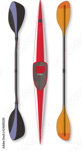kayak boat and 2 styles of paddles isolated on a white background
