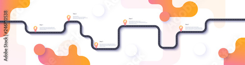 Road map and journey route infographics template. Winding road timeline illustration. Flat vector illustration. Eps 10