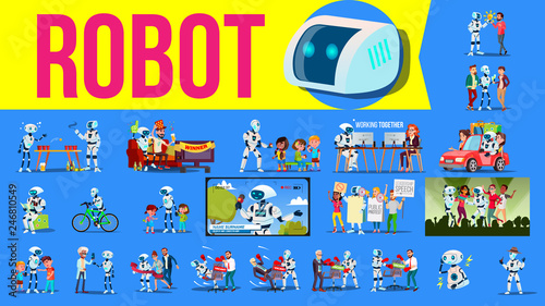 Robot Helper Set Vector. Future Lifestyle Situations. Working, Communicating Together. Cyborg, AI Futuristic Humanoid Character. Artificial Intelligence. Web Design. Robotic Technology Illustration