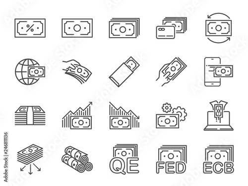Money line icon set. Included icons as cash, passive income, bank, banknote, currency and more.