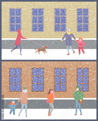 Wintertime mother walking with kid sitting on sledges vector. People at city streets wearing warm clothes jackets and hats, buildings with windows