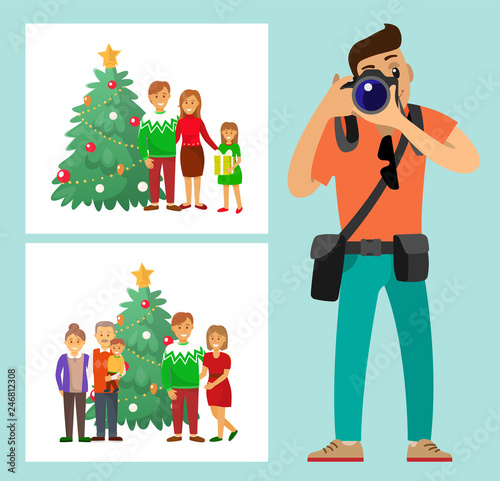 Couple family standing by Christmas tree photo vector. Mother and father, grandmother and grandfather evergreen pine photoshoot photographer with camera