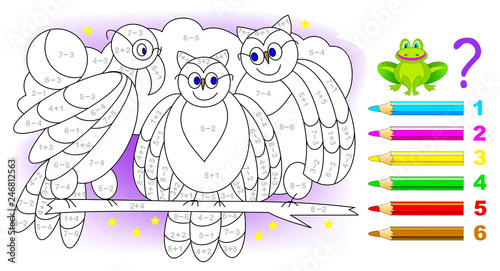 Educational page with exercises for children on addition and subtraction. Need to solve examples and paint the birds in relevant colors. Developing skills for counting. Vector image.