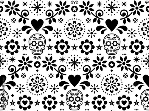 Sugar skull vector seamless pattern inspired by Mexican folk art, Dia de Los Muertos repetitive design black and white