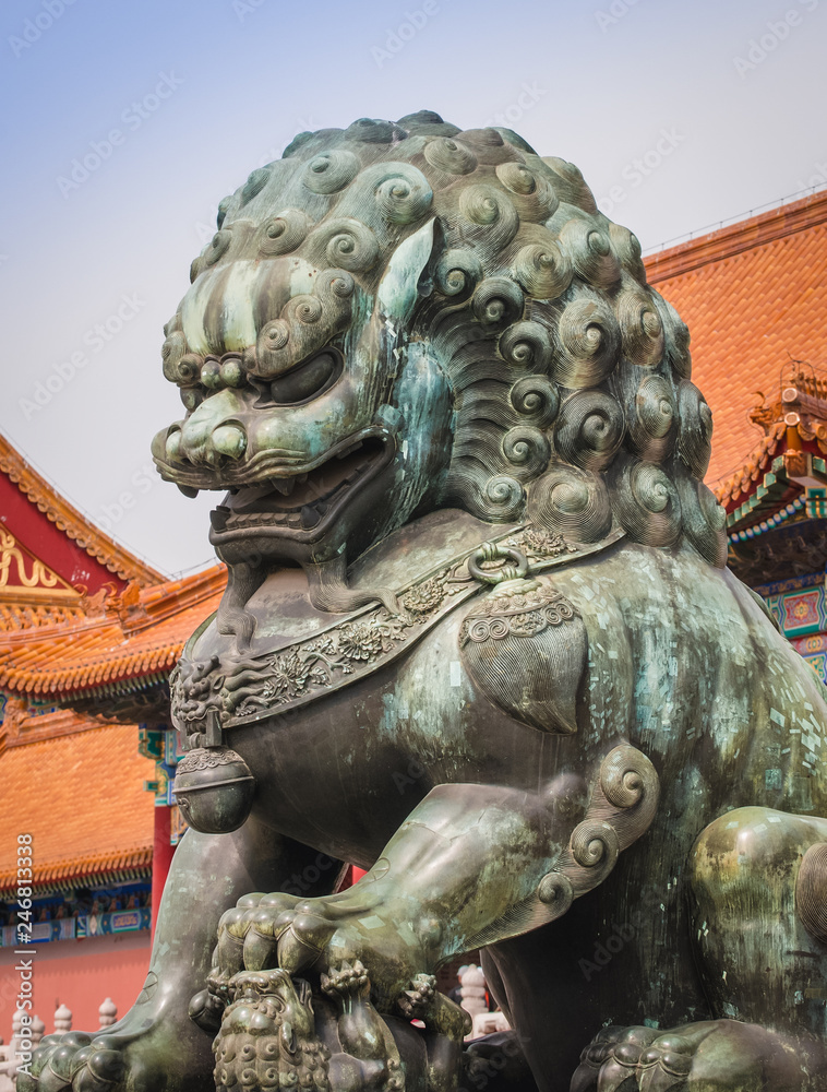 Details of lion statue in front of Gate of Supreme Harmony in Forbidden City, Beijing, China