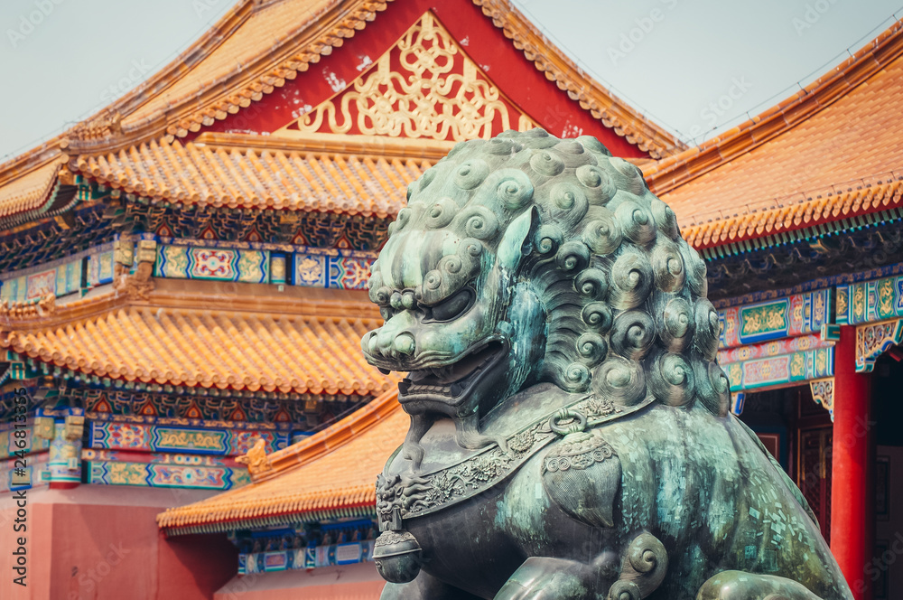Details of lion statue in front of Gate of Supreme Harmony in Forbidden City, Beijing, China Details of lion statue in front of Gate of Supreme Harmony in Forbidden City, Beijing, China
