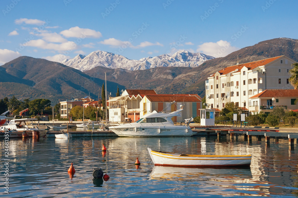 Sunny winter day. Beautiful Mediterranean landscape. Montenegro, Tivat. View of Kotor Bay near Seljanovo village