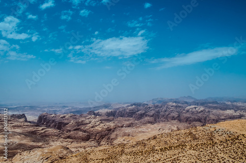 Jordan. View on the mount Horun where located Aaron tomb at warm evening light. Aaron  the brother of Moses was buried on Jabal Harun  or Aaron s Mountain  near Petra