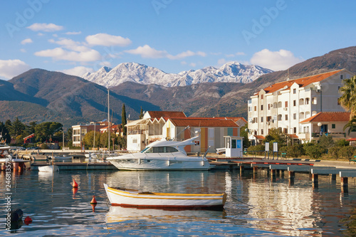 Sunny winter day. Beautiful Mediterranean landscape. Montenegro, Tivat. View of Kotor Bay near Seljanovo village photo