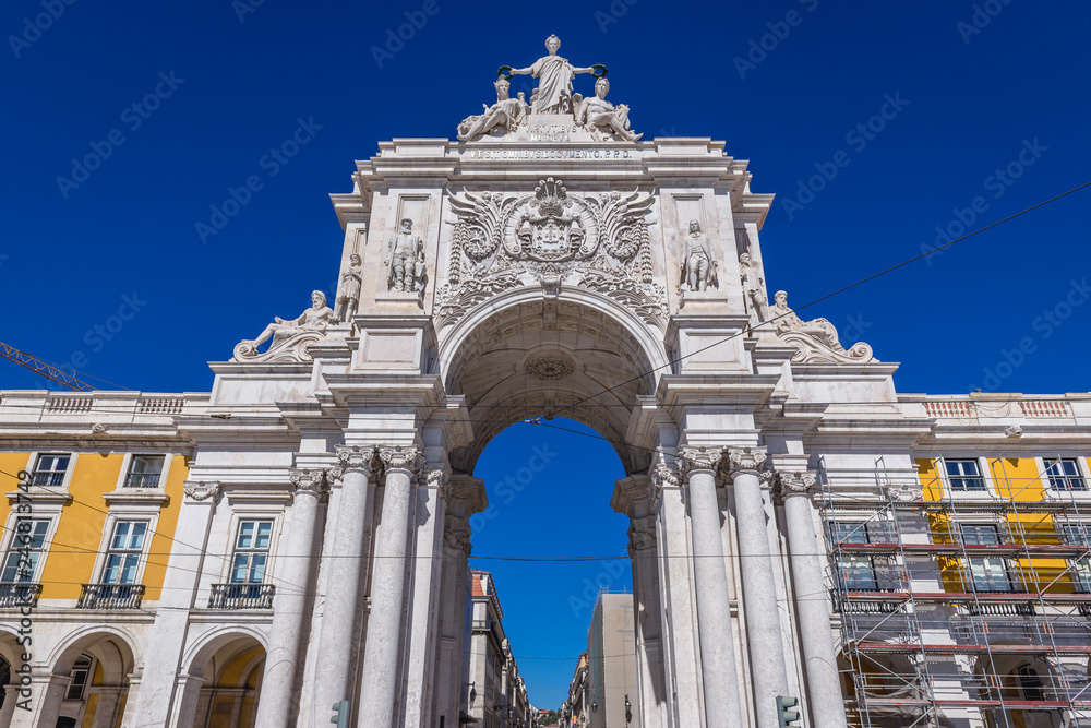 Close up on a triumphal arch of Rua Augusta Arch located on the Commerce Square in Lisbon city, capital of Portugal